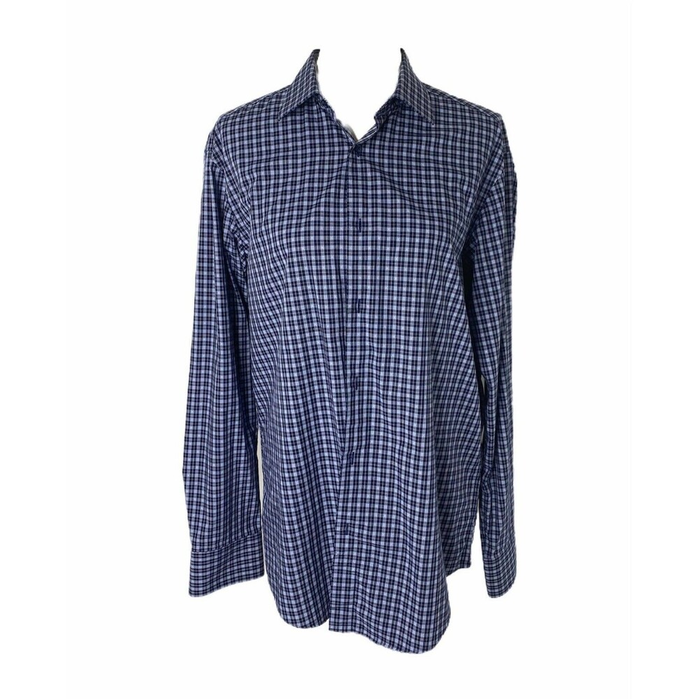 Bugatchi Uomo Men's Dress Shirt Blue Plaid Button-Down Cotton Size 16 / 34